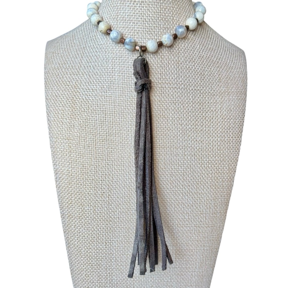 Long Boho Beaded Necklace with Blue Stone Beads Wood Accents and Gray Tassel
